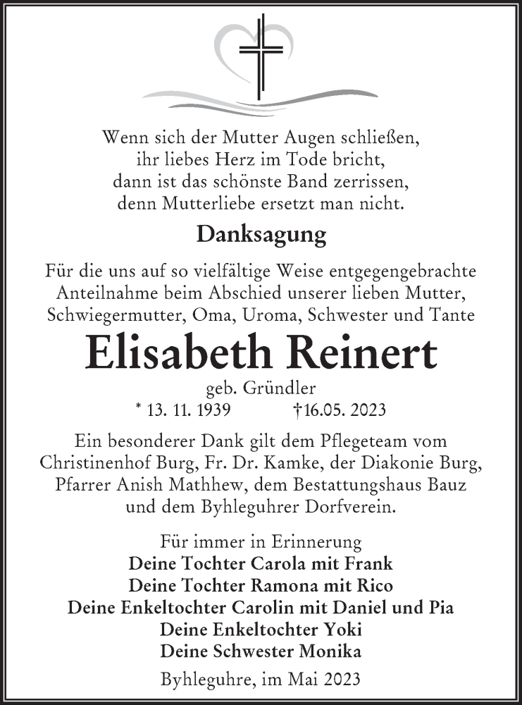  Traueranzeige für Elisabeth Reinert vom 10.06.2023 aus Lausitzer Rundschau