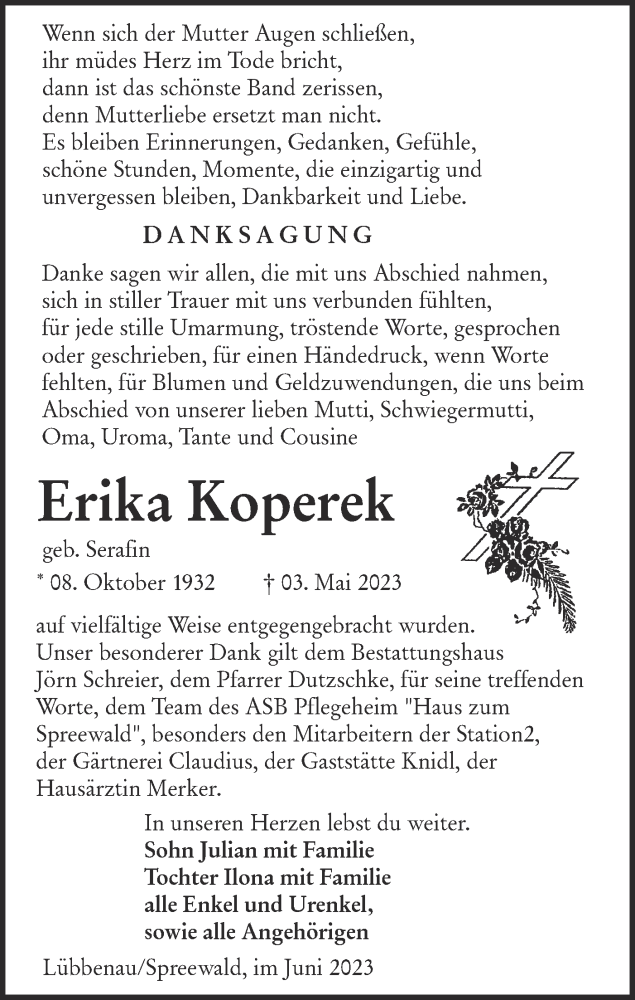  Traueranzeige für Erika Koperek vom 24.06.2023 aus Lausitzer Rundschau