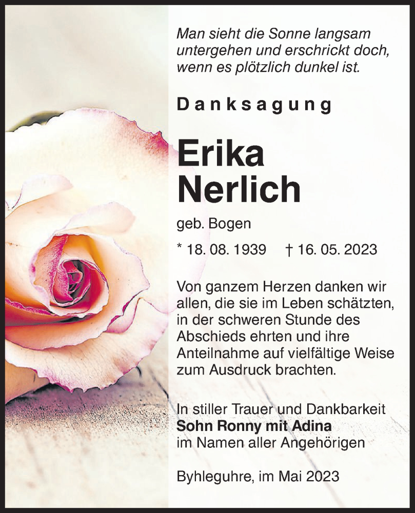  Traueranzeige für Erika Nerlich vom 03.06.2023 aus Lausitzer Rundschau