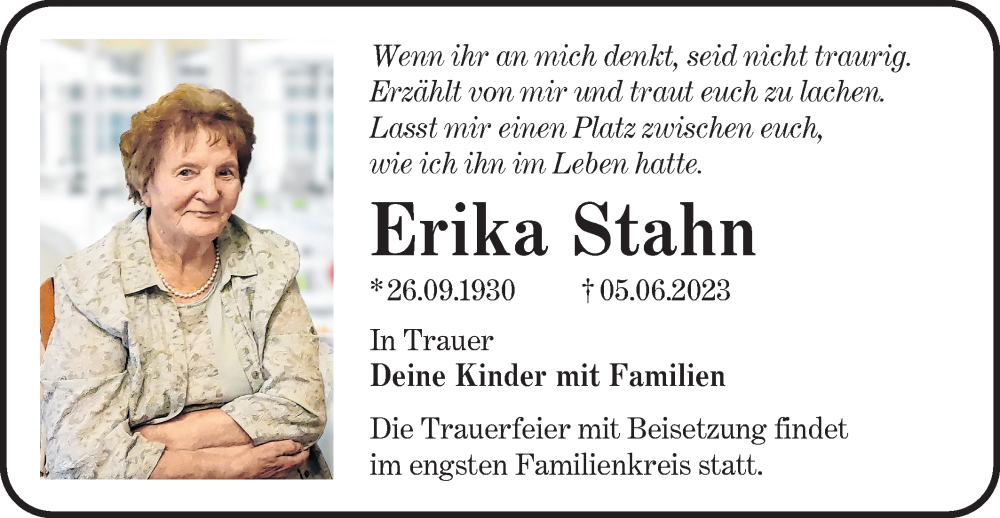 Traueranzeige für Erika Stahn vom 24.06.2023 aus Lausitzer Rundschau