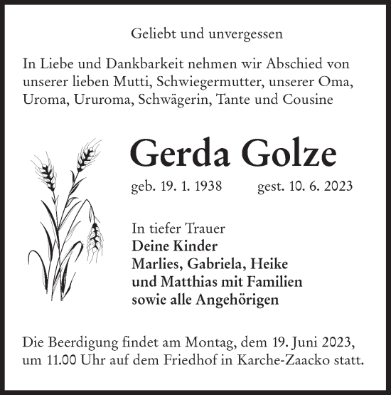 Traueranzeige von Gerda Golze von Lausitzer Rundschau