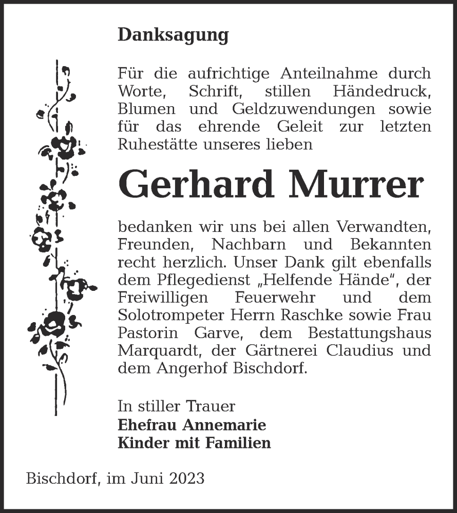  Traueranzeige für Gerhard Murrer vom 24.06.2023 aus Lausitzer Rundschau