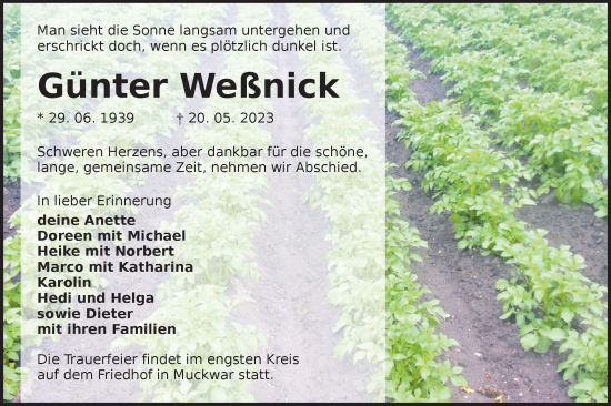 Traueranzeige von Günter Weßnick von Lausitzer Rundschau