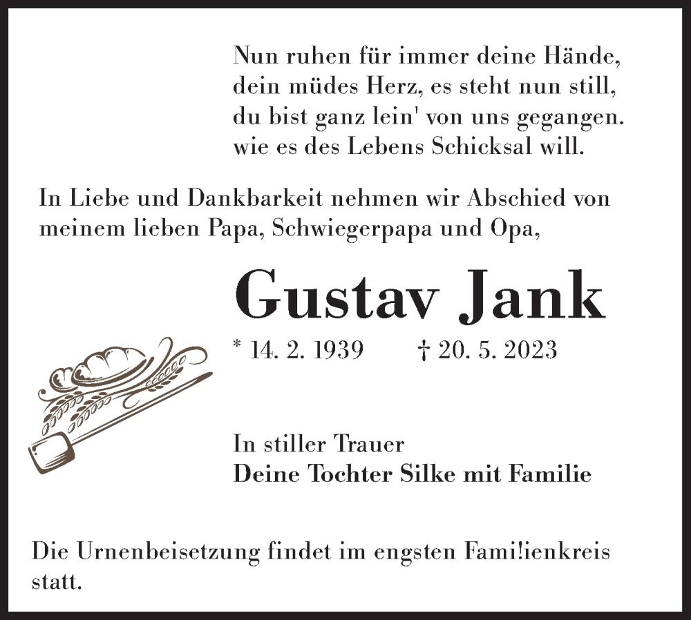 Traueranzeige für Gustav Jank vom 03.06.2023 aus Lausitzer Rundschau