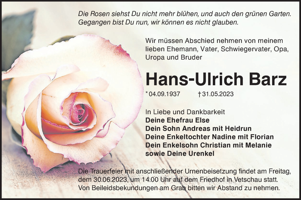  Traueranzeige für Hans-Ulrich Barz vom 10.06.2023 aus Lausitzer Rundschau