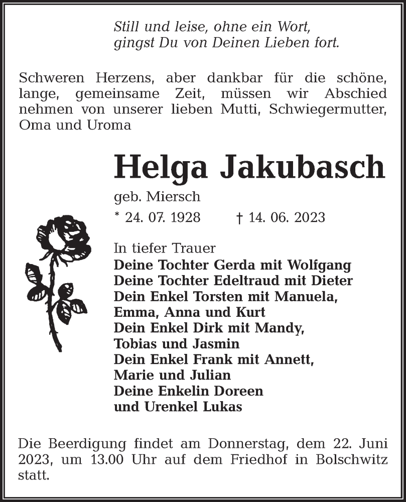  Traueranzeige für Helga Jakubasch vom 17.06.2023 aus Lausitzer Rundschau