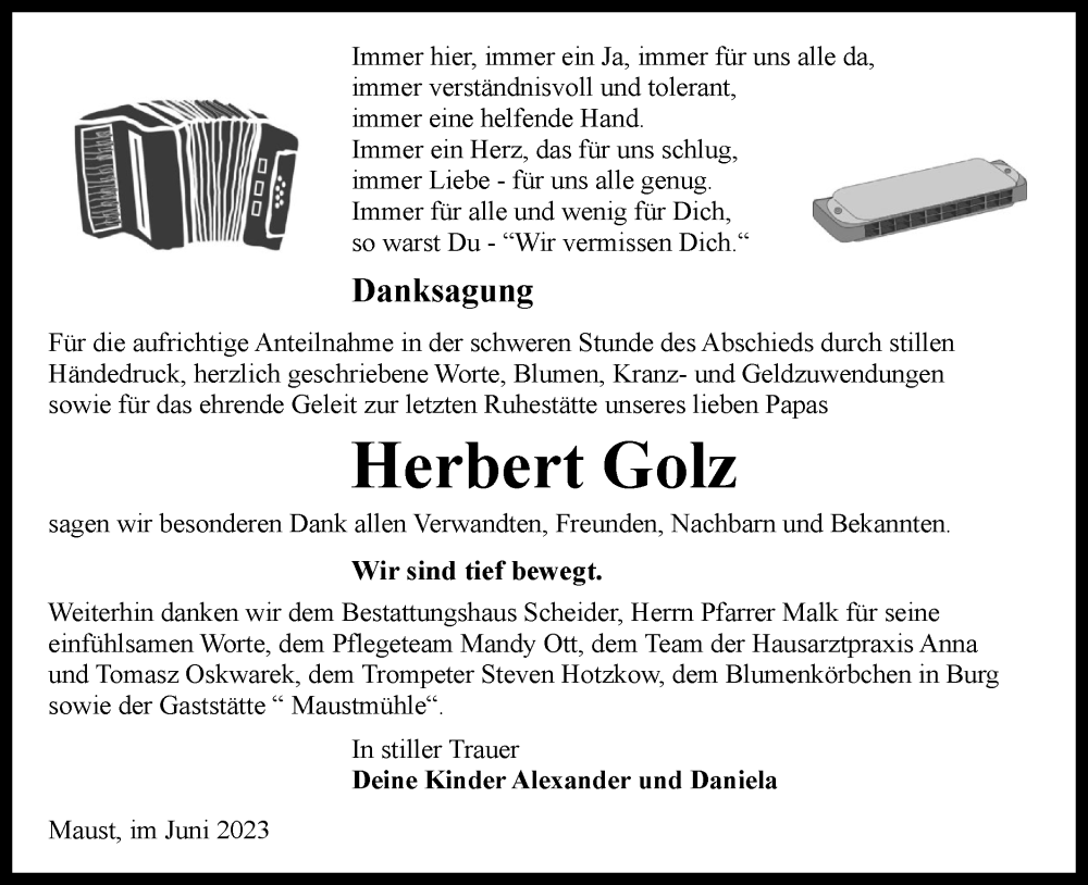  Traueranzeige für Herbert Golz vom 08.06.2023 aus Lausitzer Rundschau