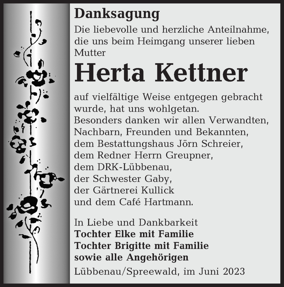  Traueranzeige für Herta Kettner vom 17.06.2023 aus Lausitzer Rundschau