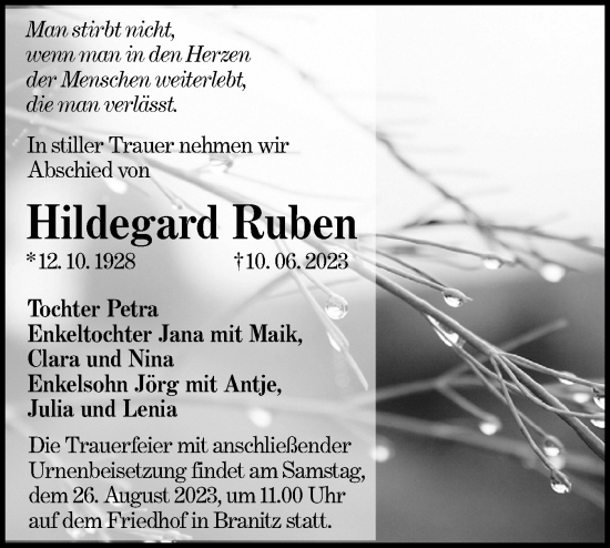 Traueranzeige von Hildegard Ruben von Lausitzer Rundschau