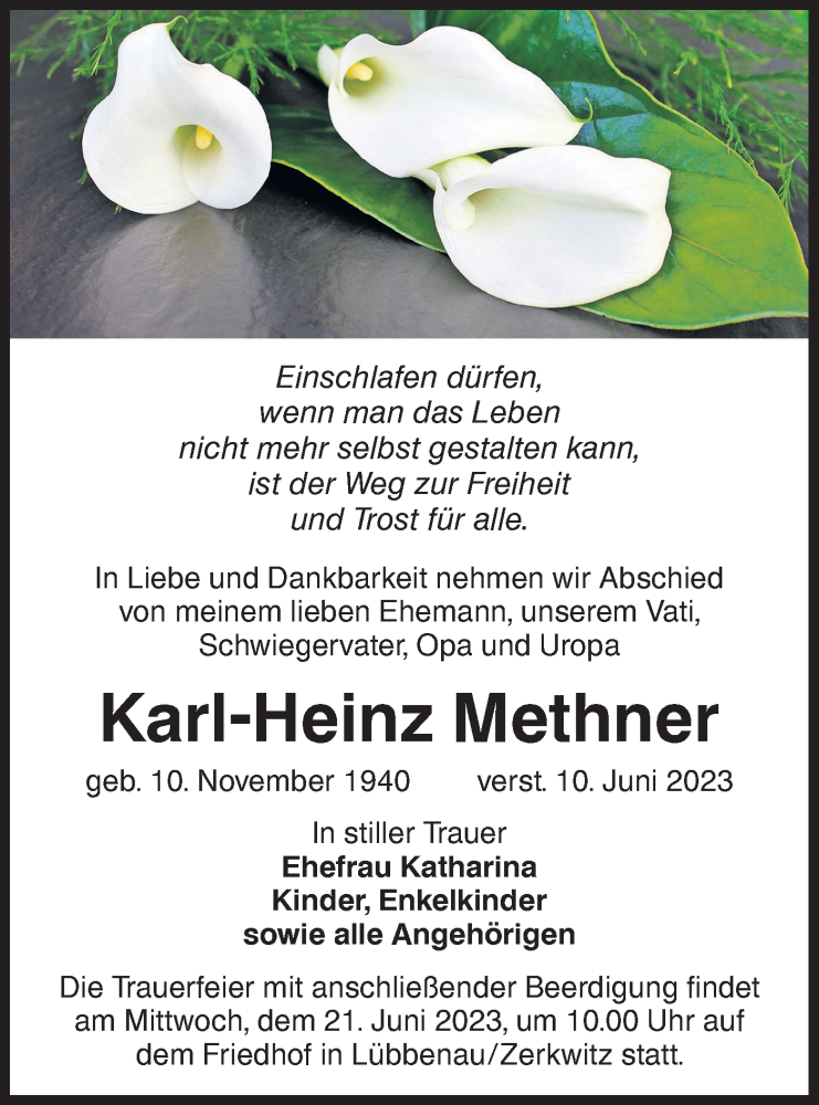  Traueranzeige für Karl-Heinz Methner vom 17.06.2023 aus Lausitzer Rundschau