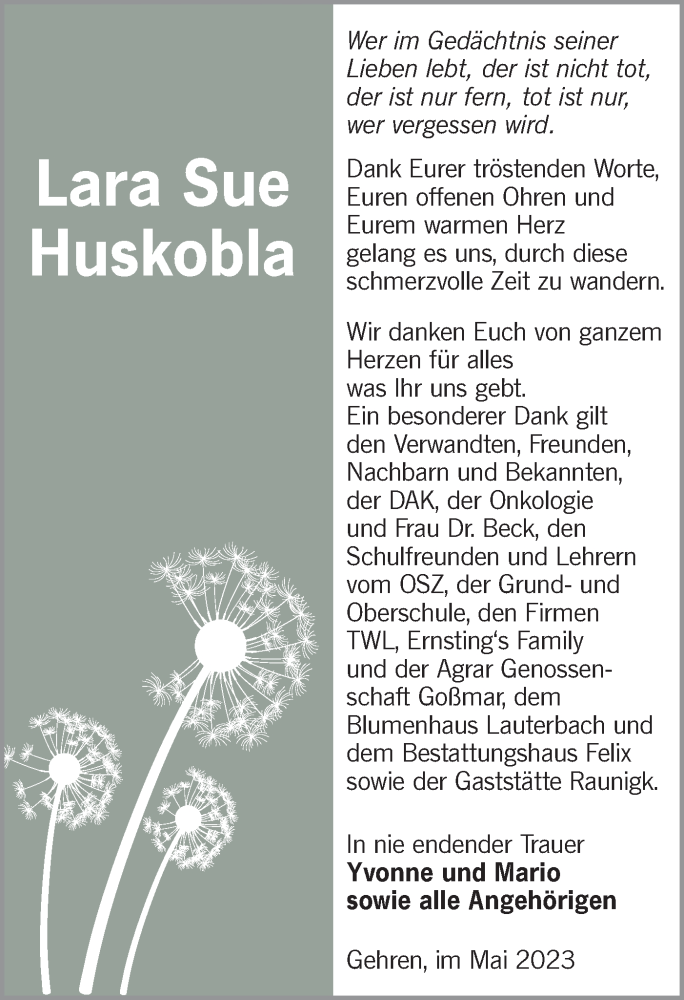  Traueranzeige für Lara Sue Huskobla vom 10.06.2023 aus Lausitzer Rundschau