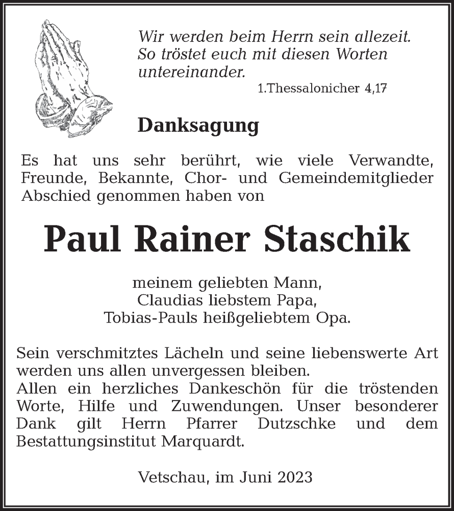  Traueranzeige für Paul Rainer Staschik vom 10.06.2023 aus Lausitzer Rundschau