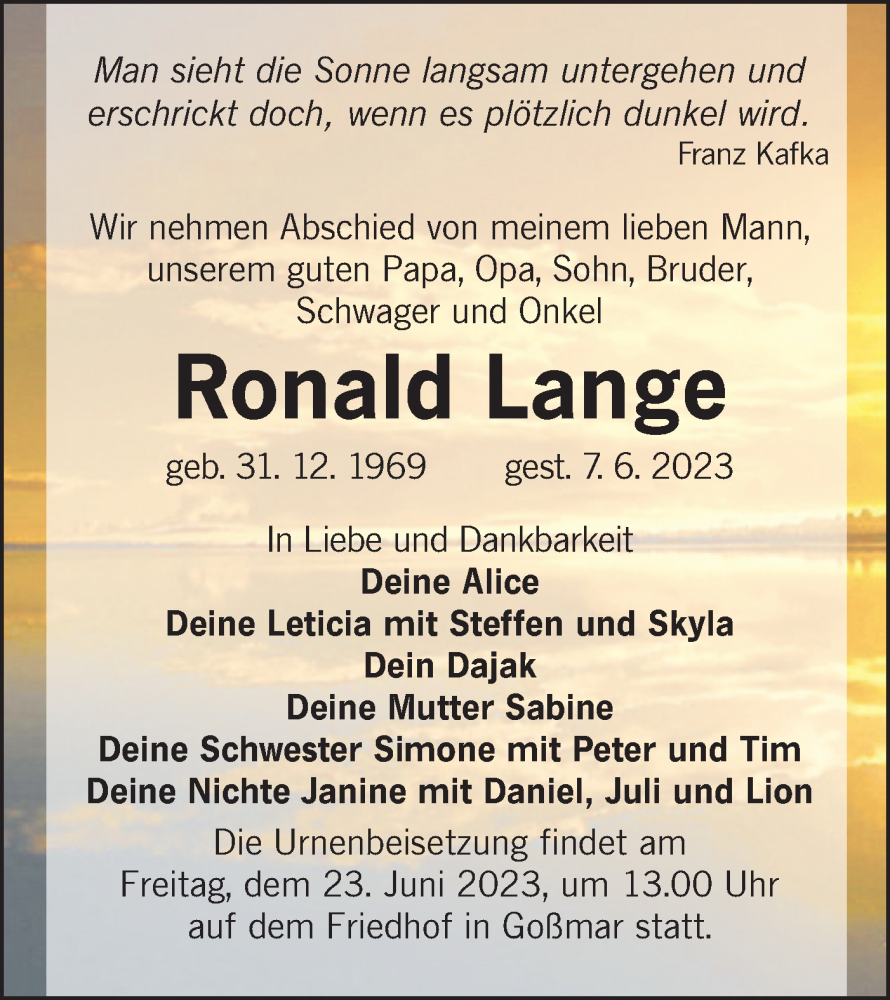  Traueranzeige für Ronald Lange vom 17.06.2023 aus Lausitzer Rundschau