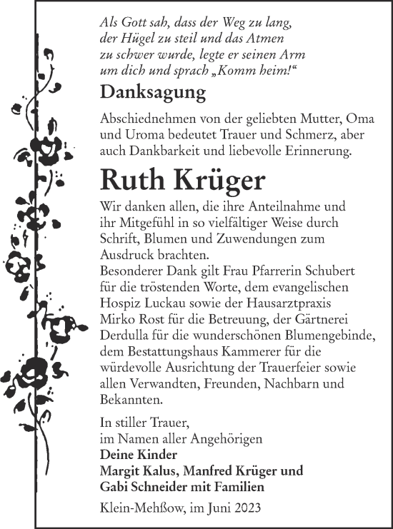 Traueranzeige von Ruth Krüger von Lausitzer Rundschau