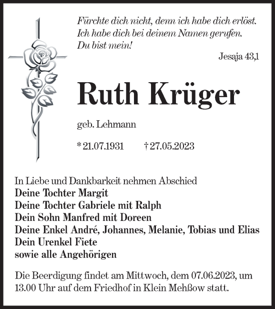 Traueranzeige von Ruth Krüger von Lausitzer Rundschau