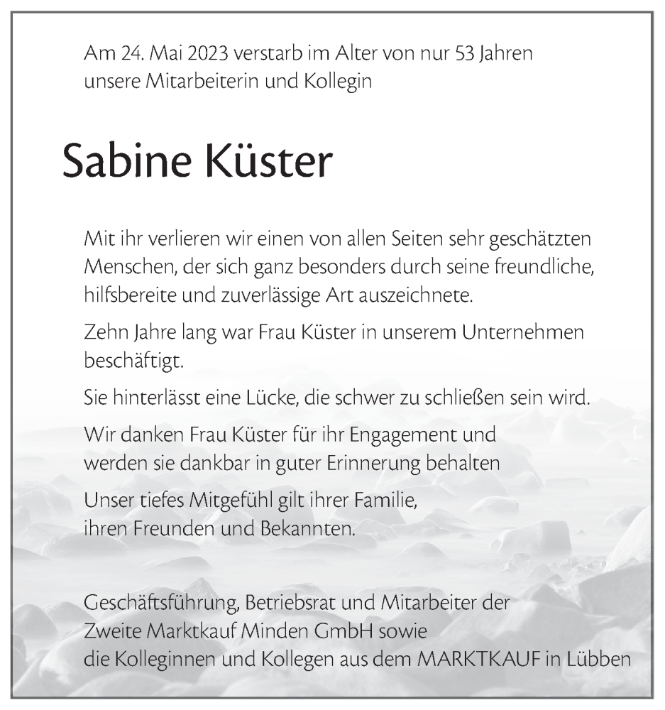  Traueranzeige für Sabine Küster vom 03.06.2023 aus Lausitzer Rundschau