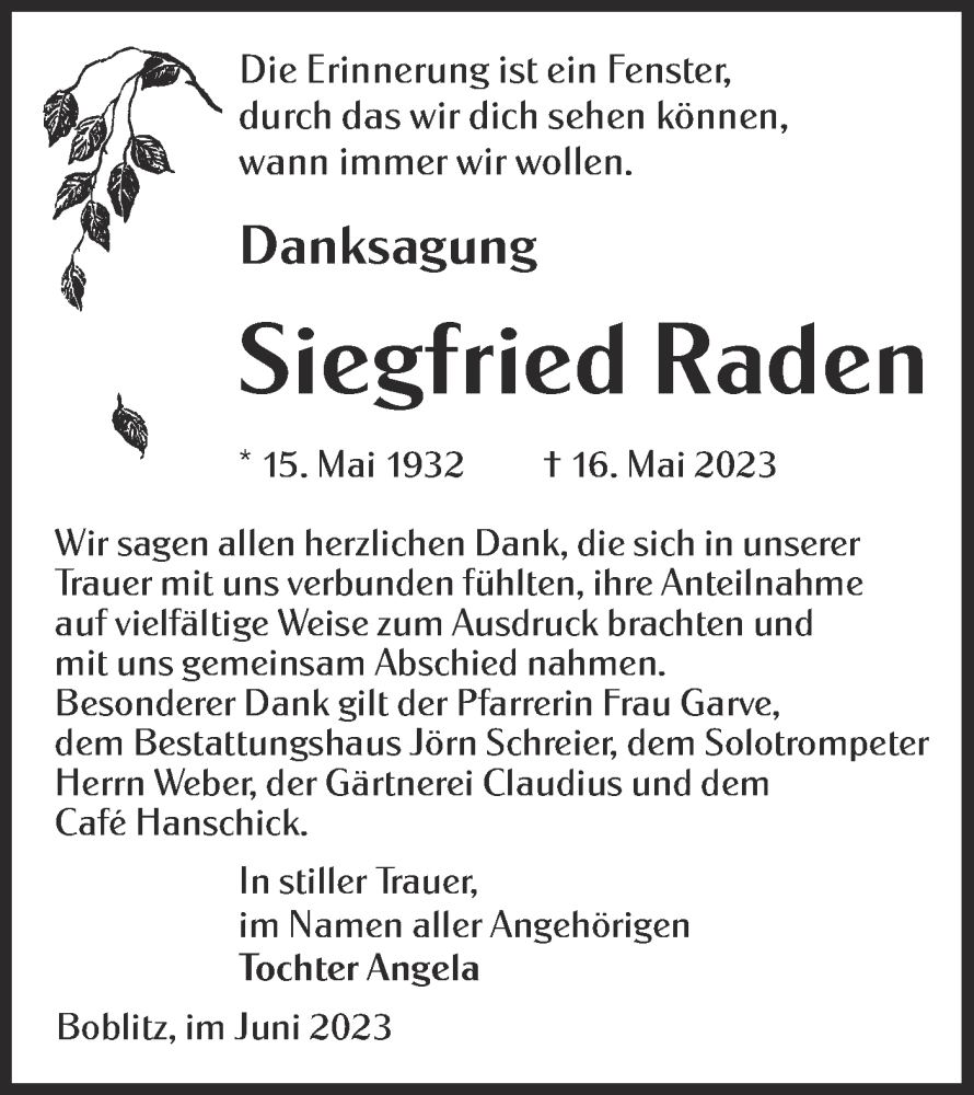  Traueranzeige für Siegfried Raden vom 24.06.2023 aus Lausitzer Rundschau