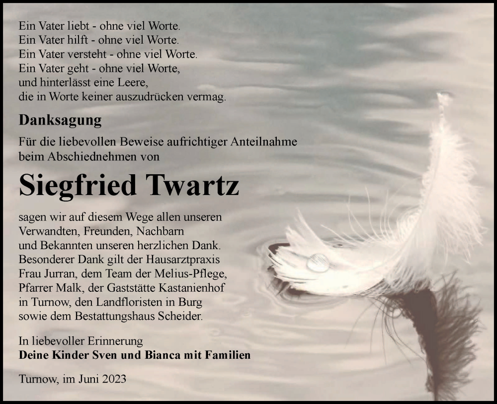  Traueranzeige für Siegfried Twartz vom 10.06.2023 aus Lausitzer Rundschau