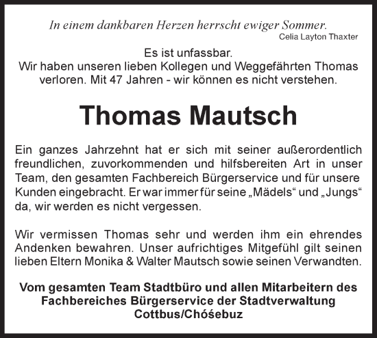 Traueranzeige von Thomas Mautsch von Lausitzer Rundschau