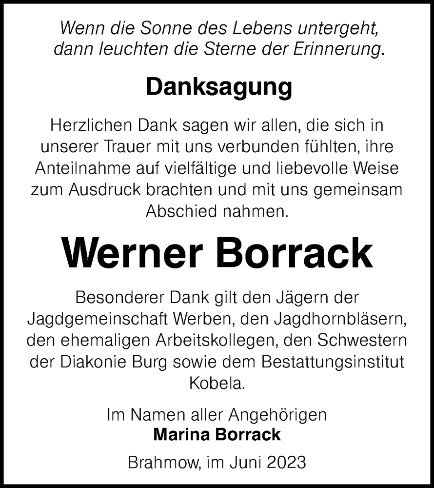  Traueranzeige für Werner Borrack vom 10.06.2023 aus Lausitzer Rundschau