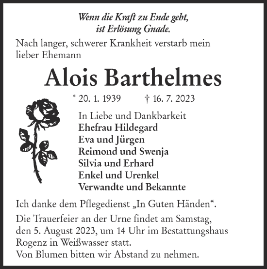 Traueranzeige von Alois Barthelmes von Lausitzer Rundschau