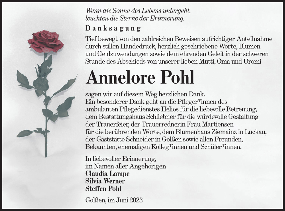  Traueranzeige für Annelore Pohl vom 01.07.2023 aus Lausitzer Rundschau