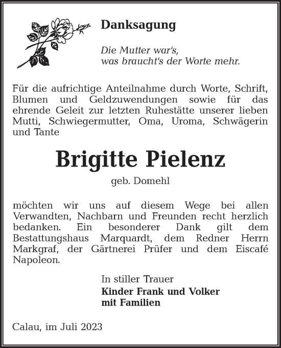 Traueranzeige von Brigitte Pielenz von Lausitzer Rundschau