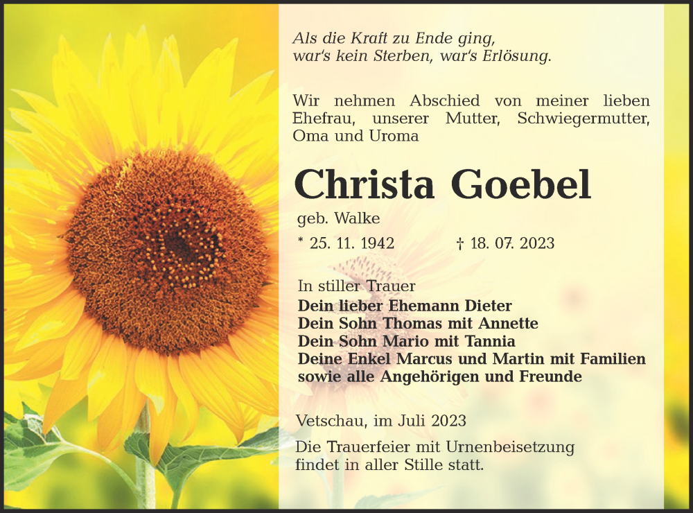  Traueranzeige für Christa Goebel vom 29.07.2023 aus Lausitzer Rundschau