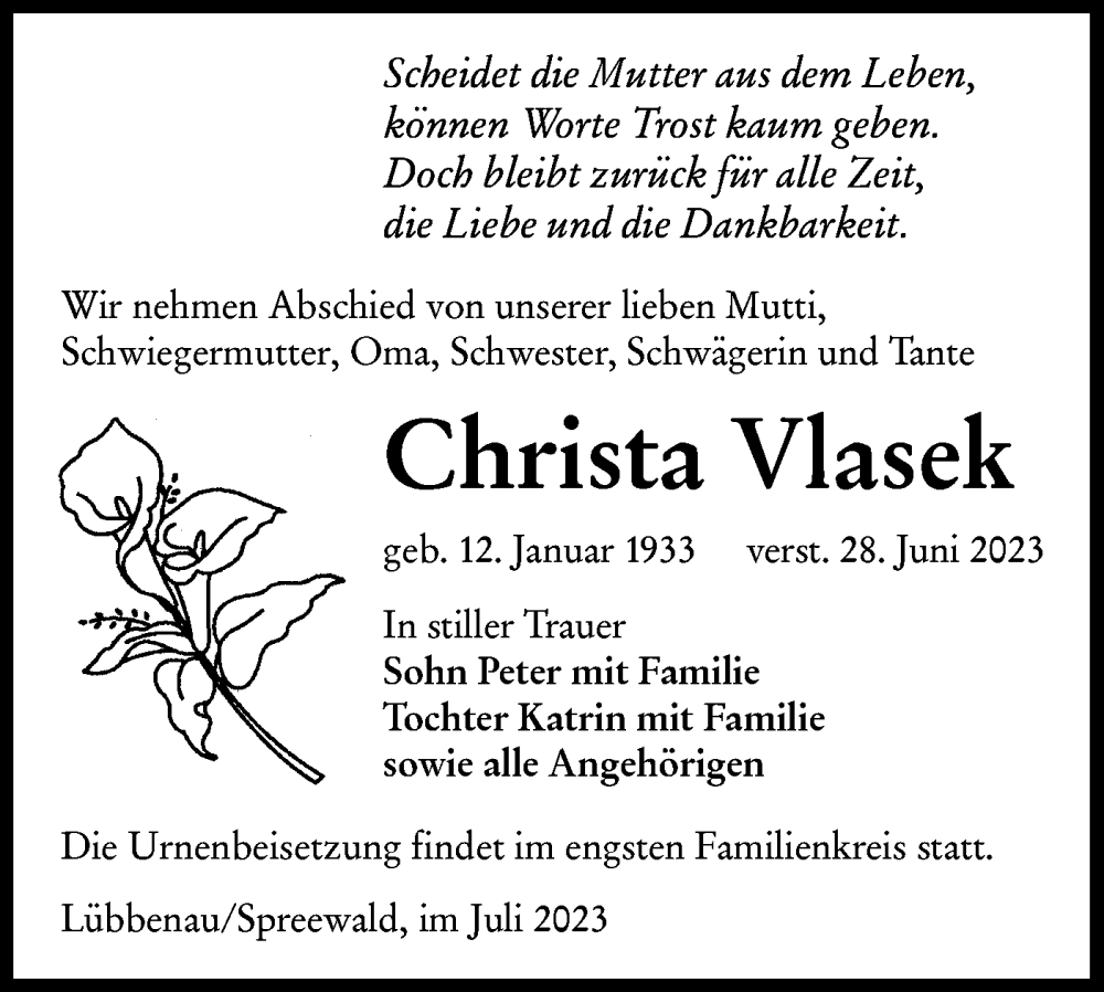  Traueranzeige für Christa Vlasek vom 08.07.2023 aus Lausitzer Rundschau