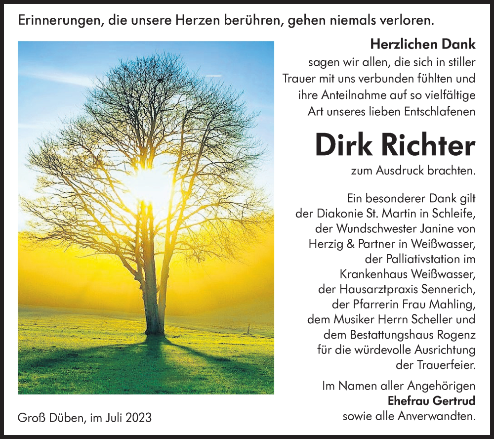 Traueranzeige für Dirk Richter vom 18.07.2023 aus Lausitzer Rundschau