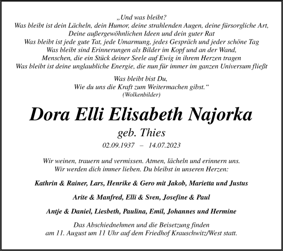 Traueranzeige von Dora Elli Elisabeth Najorka von Lausitzer Rundschau