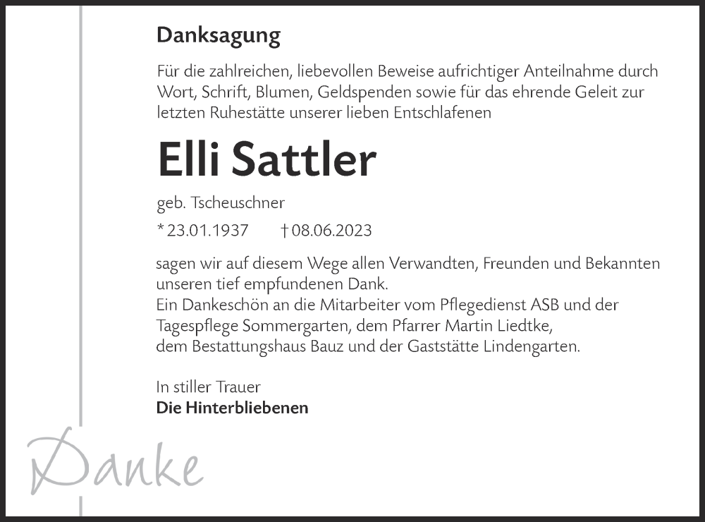  Traueranzeige für Elli Sattler vom 08.07.2023 aus Lausitzer Rundschau