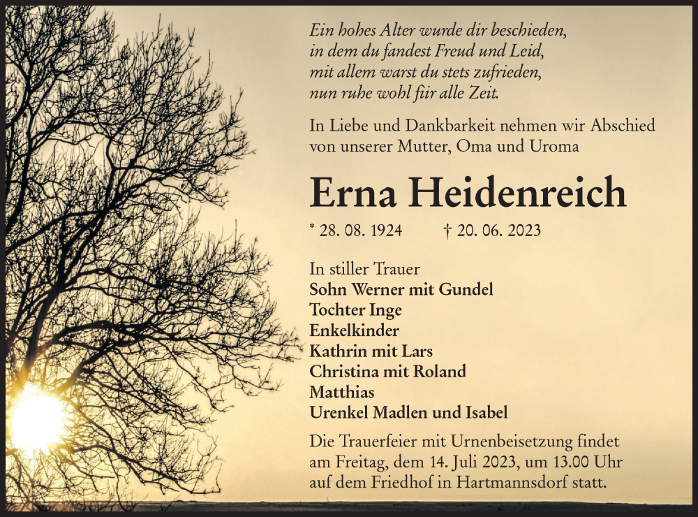  Traueranzeige für Erna Heidenreich vom 01.07.2023 aus Lausitzer Rundschau