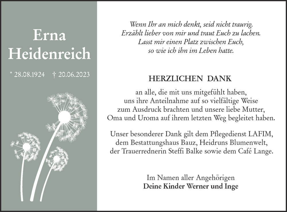  Traueranzeige für Erna Heidenreich vom 29.07.2023 aus Lausitzer Rundschau