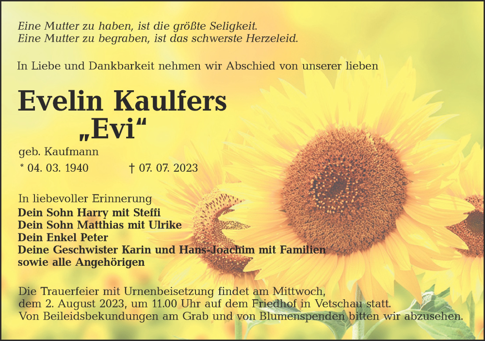  Traueranzeige für Evelin Kaulfers vom 22.07.2023 aus Lausitzer Rundschau