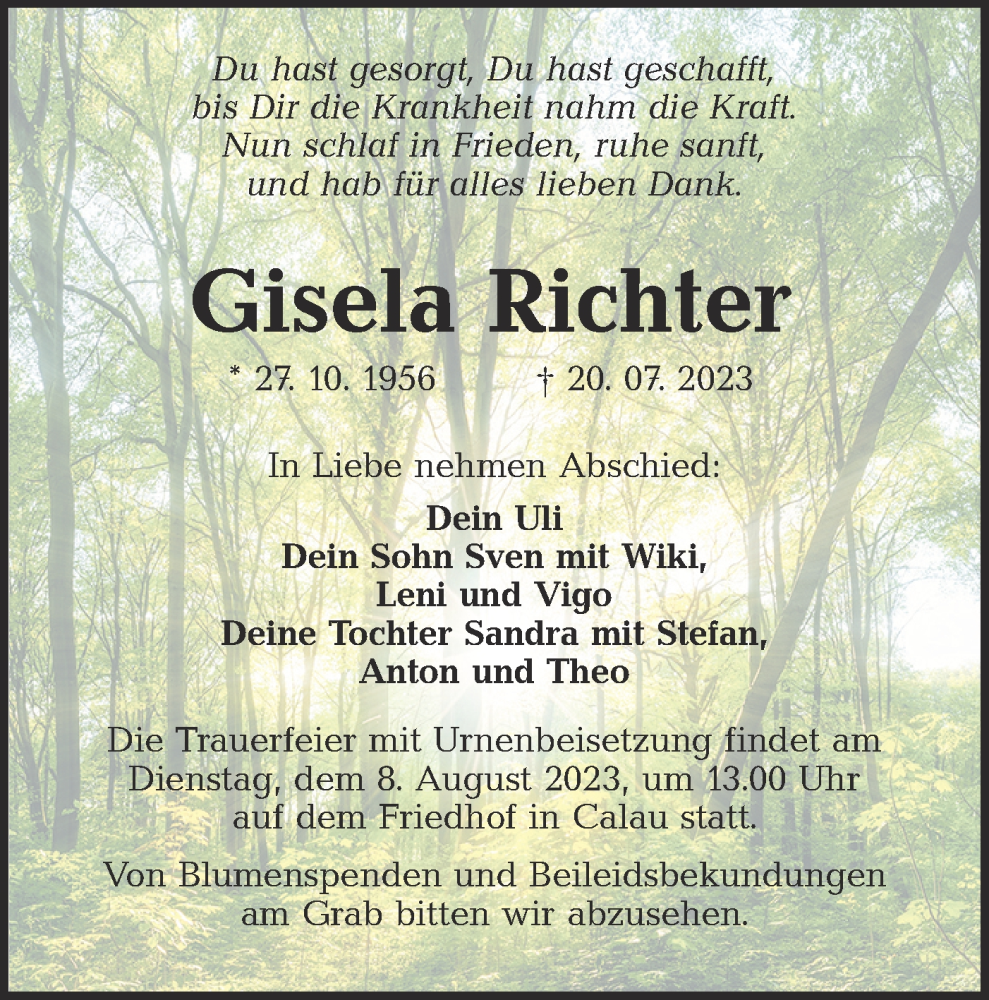  Traueranzeige für Gisela Richter vom 29.07.2023 aus Lausitzer Rundschau
