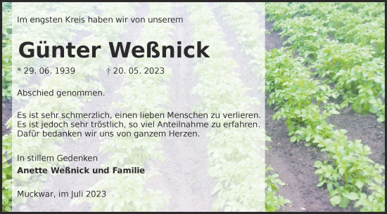 Traueranzeige von Günter Weßnick von Lausitzer Rundschau