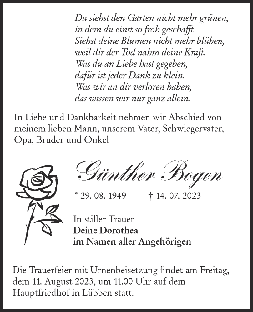  Traueranzeige für Günther Bogen vom 29.07.2023 aus Lausitzer Rundschau