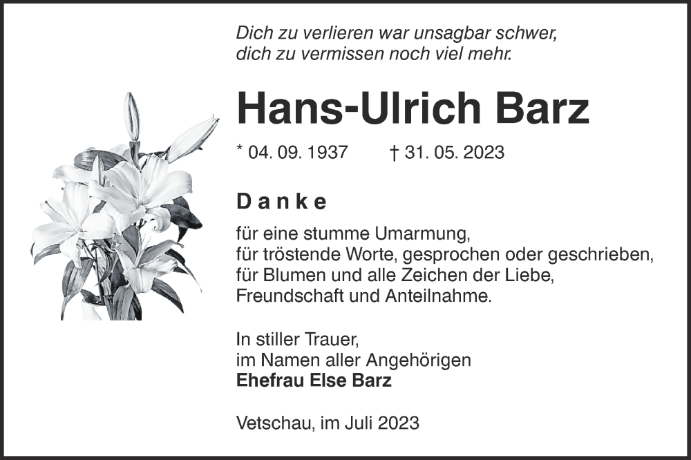  Traueranzeige für Hans-Ulrich Barz vom 29.07.2023 aus Lausitzer Rundschau