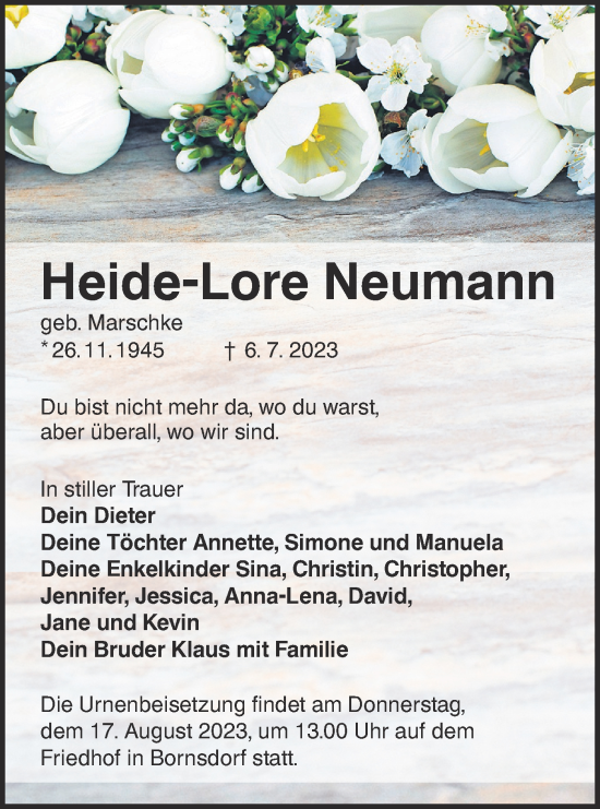 Traueranzeige von Heide-Lore Neumann von Lausitzer Rundschau