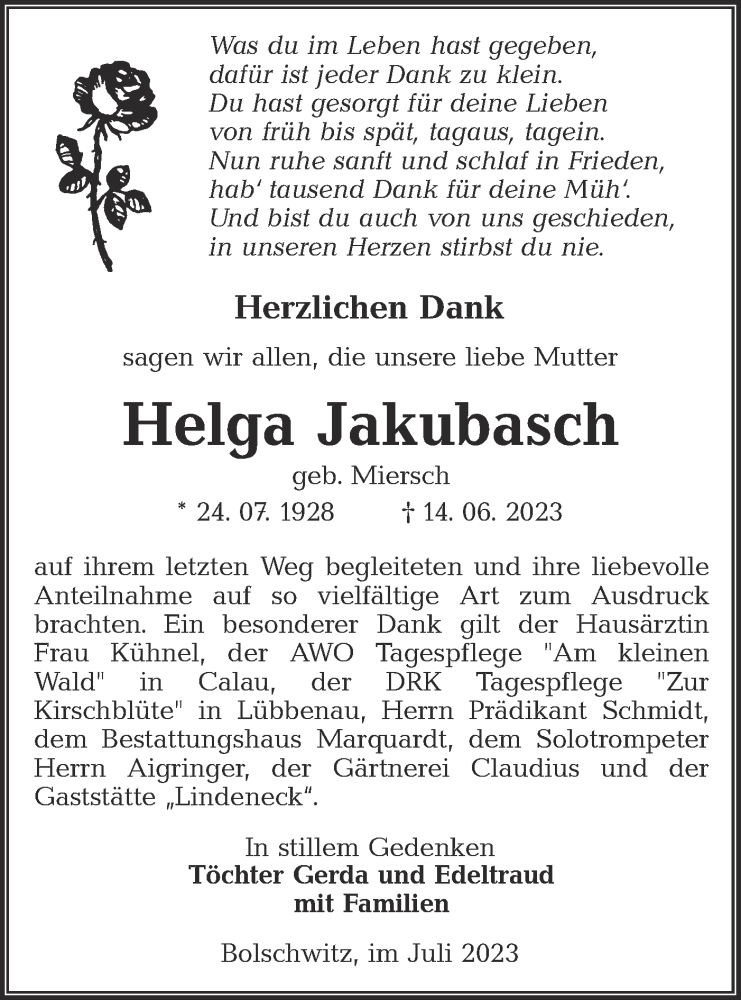  Traueranzeige für Helga Jakubasch vom 08.07.2023 aus Lausitzer Rundschau