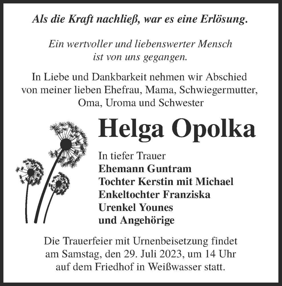  Traueranzeige für Helga Opolka vom 22.07.2023 aus Lausitzer Rundschau