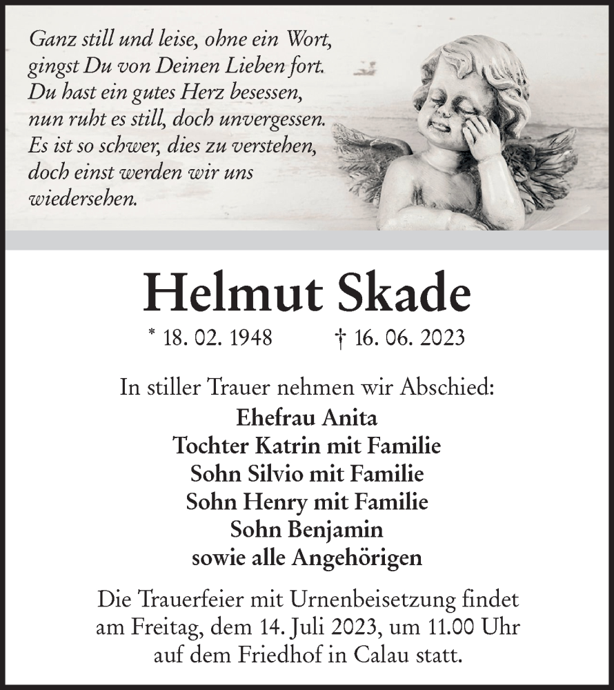  Traueranzeige für Helmut Skade vom 01.07.2023 aus Lausitzer Rundschau
