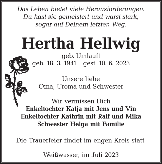 Traueranzeige von Hertha Hellwig von Lausitzer Rundschau