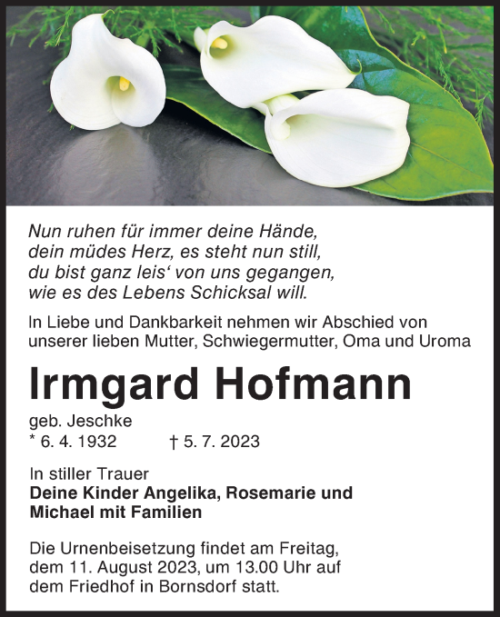 Traueranzeige von Irmgard Hofmann von Lausitzer Rundschau