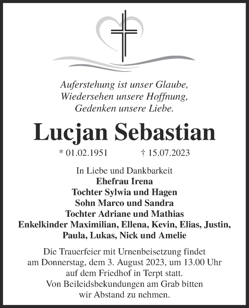  Traueranzeige für Lucjan Sebastian vom 22.07.2023 aus Lausitzer Rundschau