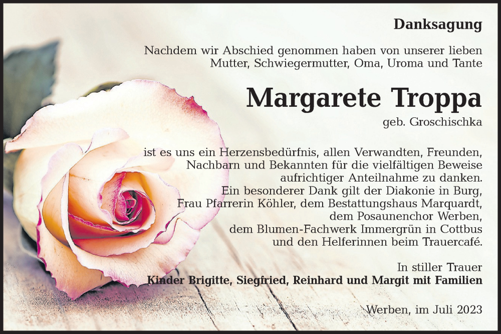  Traueranzeige für Margarete Troppa vom 15.07.2023 aus Lausitzer Rundschau