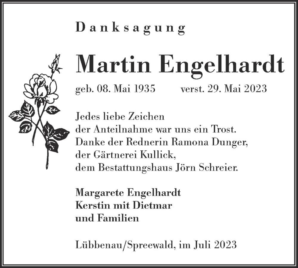  Traueranzeige für Martin Engelhardt vom 08.07.2023 aus Lausitzer Rundschau