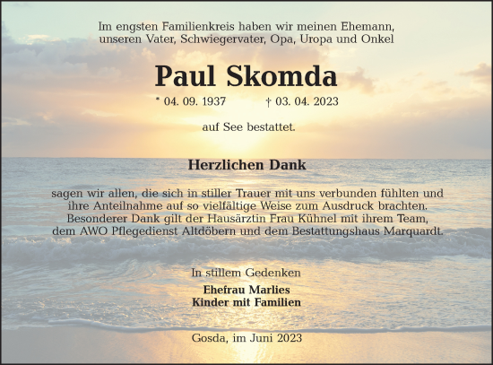 Traueranzeige von Paul Skomda von Lausitzer Rundschau