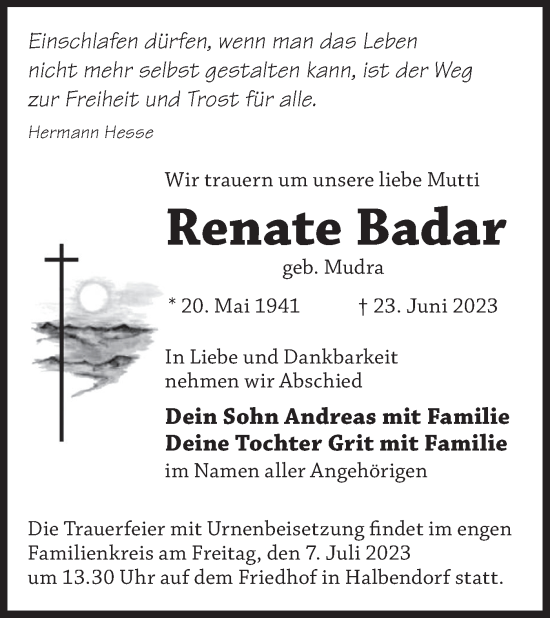 Traueranzeige von Renate Badar von Lausitzer Rundschau